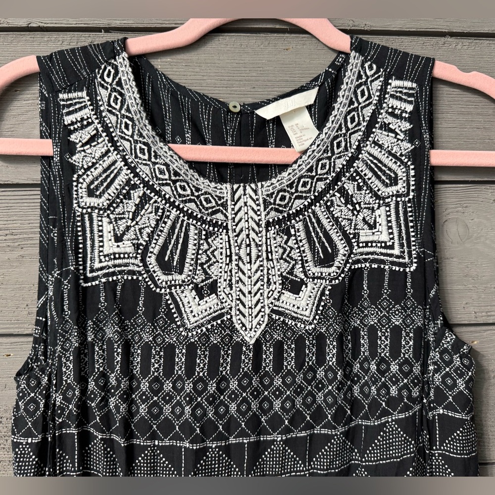 H&M Black White Beaded Top Boho Print Maxi Dress Sz 8 Summer Vacation Resort - Picture 2 of 11